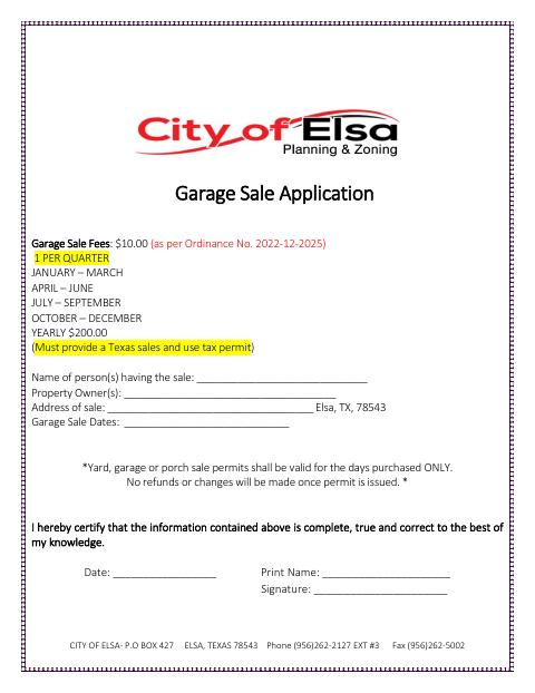 First page of the Garage Sale Application