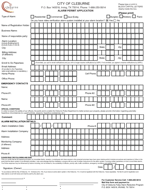 First page of the Alarm Permit Application