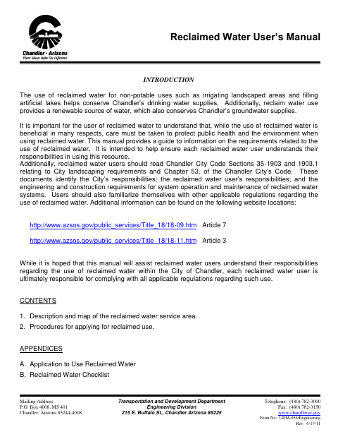 First page of the Reclaimed Water User’s Manual and Application