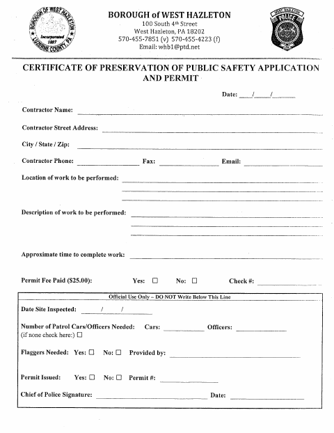 First page of the Certificate of Preservation of Public Safety Application and Permit