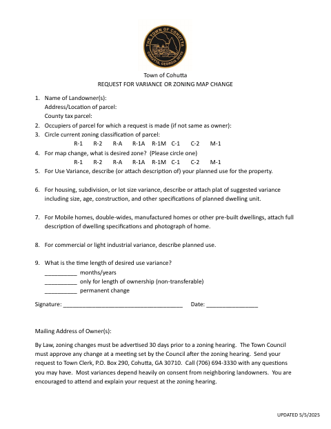 First page of the Request for Variance or Zoning Map Change