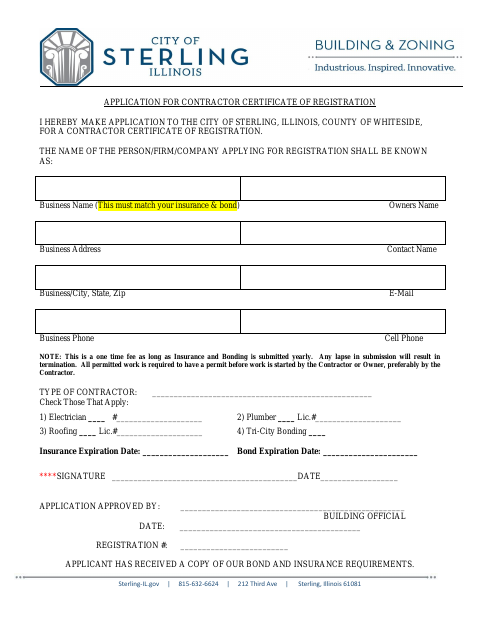 First page of the Application for Contractor Certificate of Registration