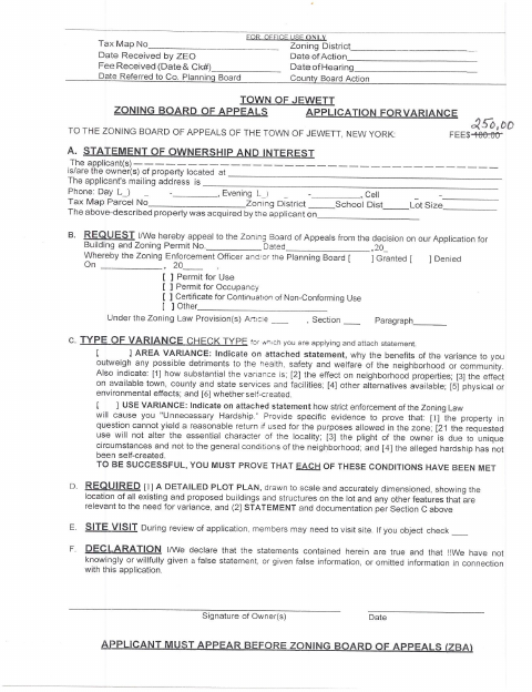 First page of the Zoning Board of Appeals Application for Variance