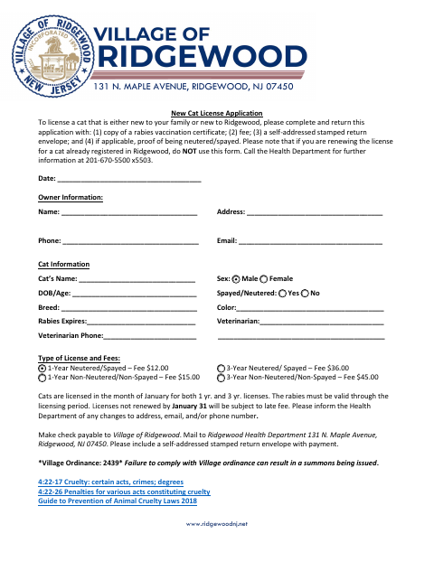 First page of the New Cat License Application