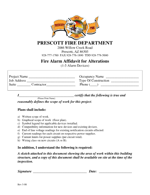 First page of the Fire Alarm Affidavit for Alterations