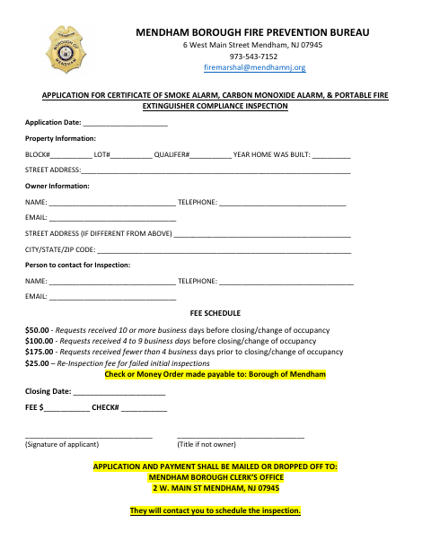 First page of the Smoke Alarm, Carbon Monoxide Alarm, and Fire Extinguisher Compliance Inspection Application