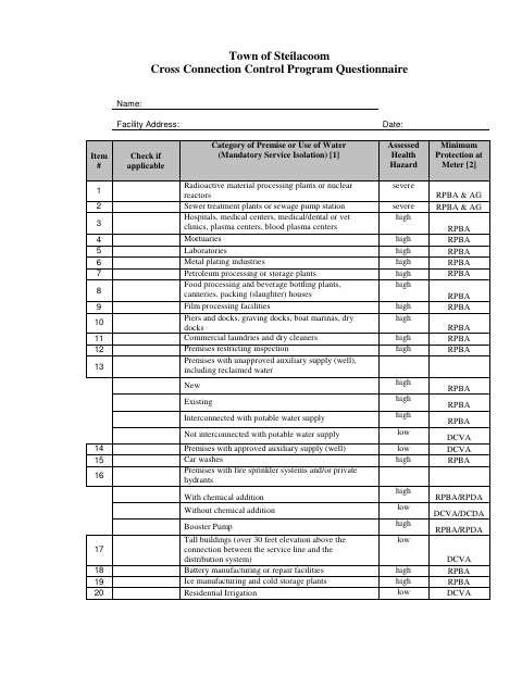 First page of the Cross Connection Control Program Questionnaire
