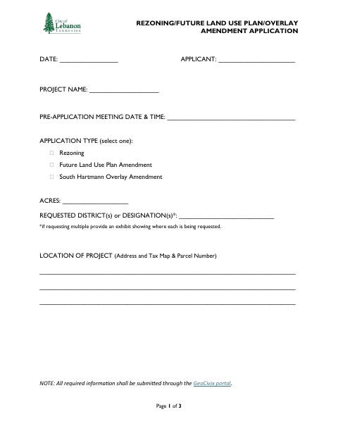 First page of the Rezoning, Future Land Use Plan, and Overlay Amendment Application