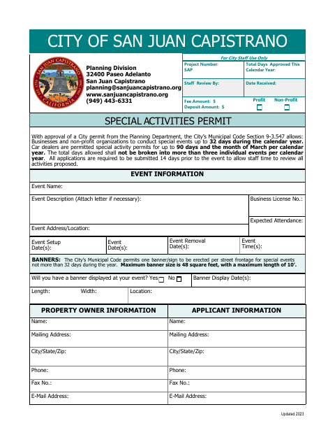 First page of the Special Activities Permit Application