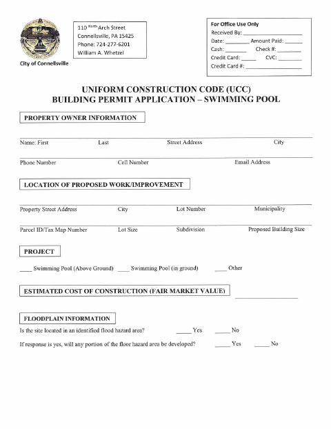 First page of the Swimming Pool Building Permit Application