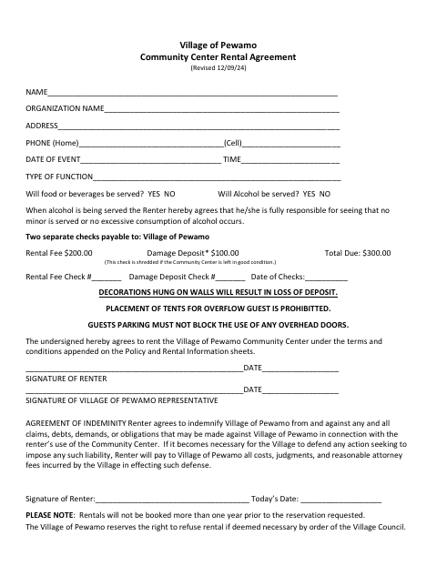 First page of the Community Center Rental Agreement
