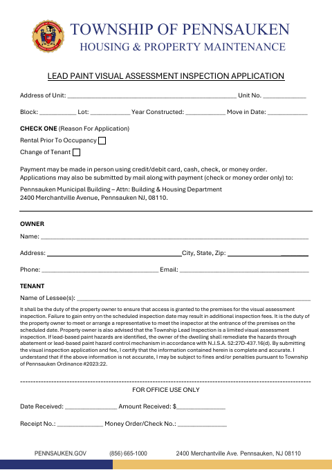 First page of the Lead Paint Visual Assessment Inspection Application
