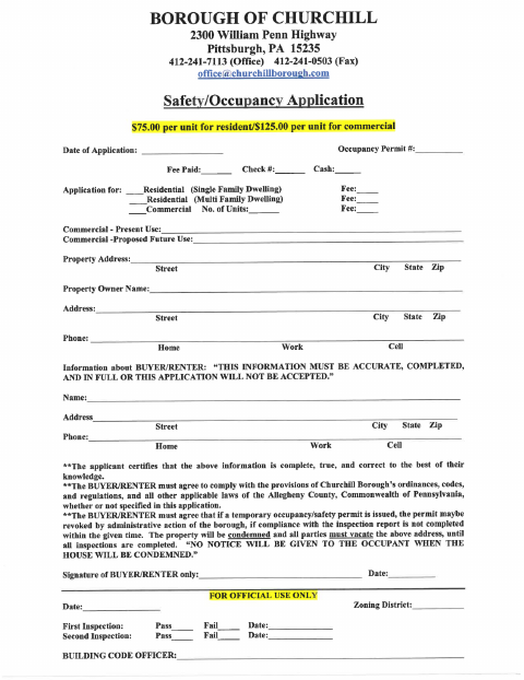 First page of the Occupancy Permit Application