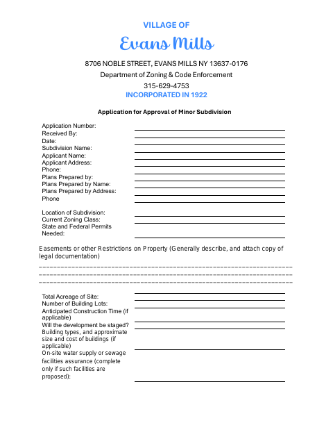 First page of the Application for Approval of Minor Subdivision