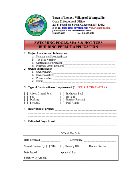 First page of the Swimming Pools, Spas & Hot Tubs Building Permit Application