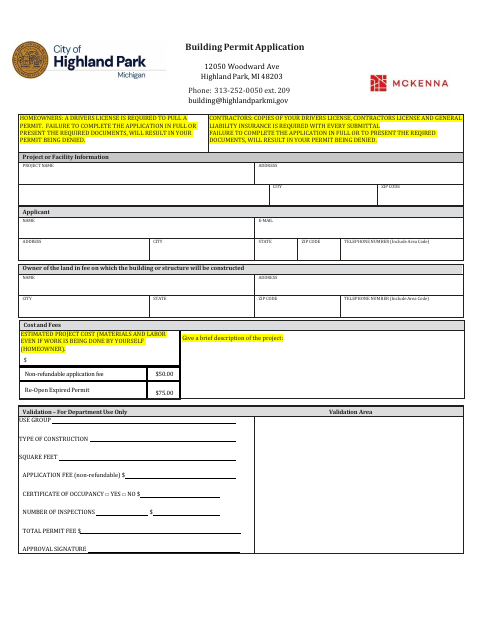 First page of the Building Permit Application