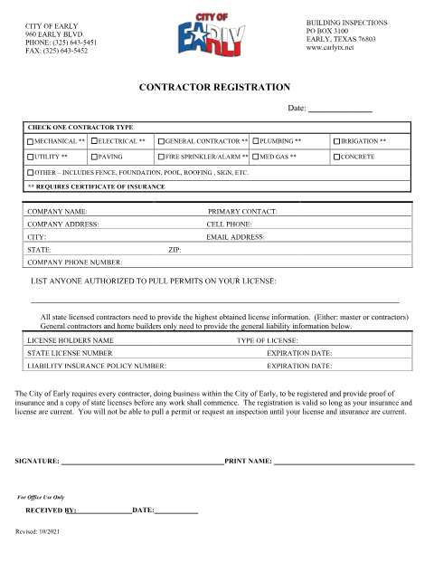 First page of the Contractor Registration