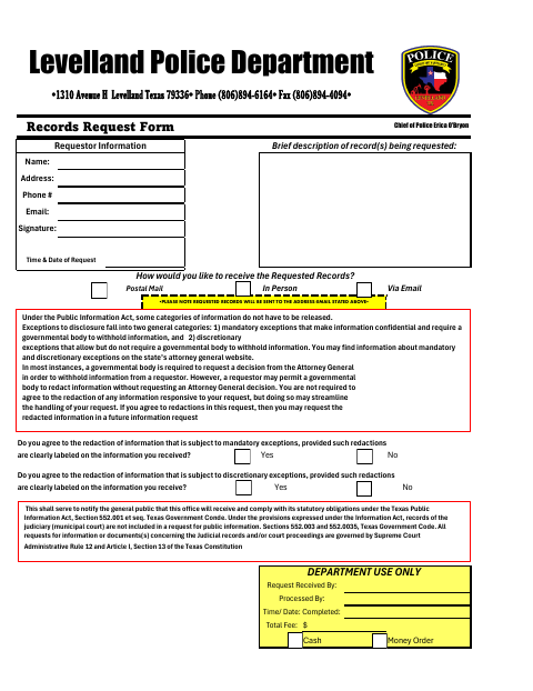 First page of the Records Request Form