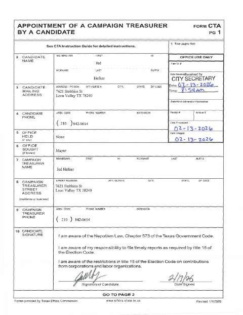 First page of the Appointment of Campaign Treasurer by a Candidate