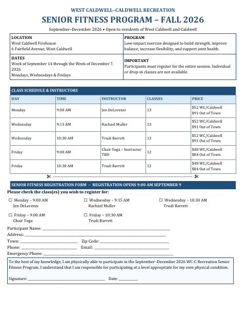 First page of the Senior Fitness Registration Form