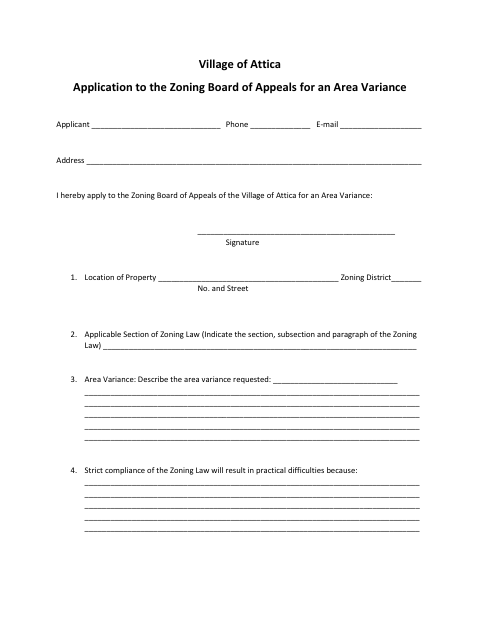 First page of the Application to the Zoning Board of Appeals for an Area Variance