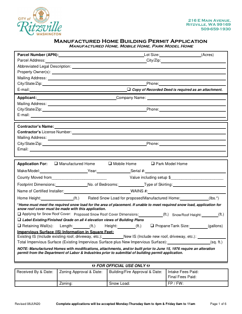 First page of the Manufactured Home Building Permit Application