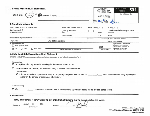 First page of the Candidate Intention Statement