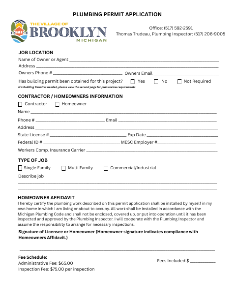 First page of the Plumbing Permit Application