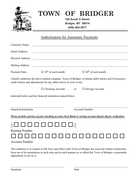 First page of the Authorization for Automatic Payments