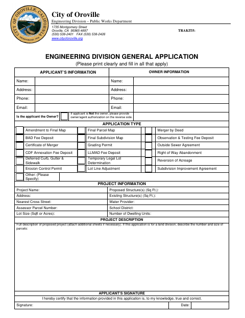 First page of the Engineering Division General Application
