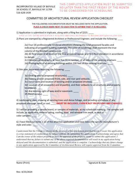First page of the Architectural Review Application