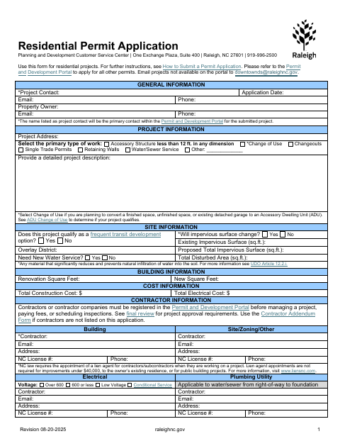 First page of the Residential Permit Application