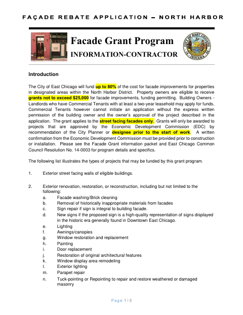First page of the Facade Grant Program Contractor Information and Notice to Proceed