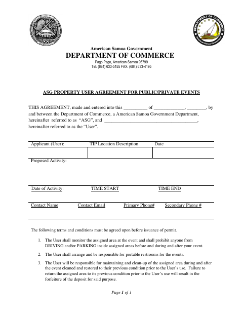 First page of the ASG Property User Agreement for Public/Private Events