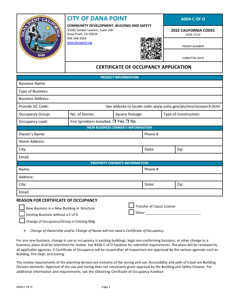 First page of the Certificate of Occupancy Application