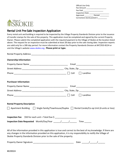 First page of the Rental Unit Pre-Sale Inspection Application