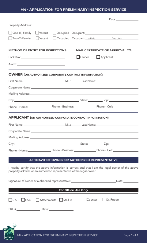 First page of the Application for Preliminary Inspection Service