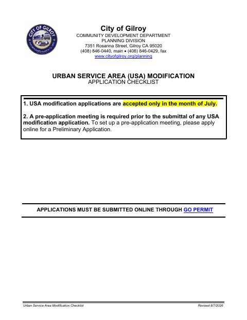 First page of the Urban Service Area Modification Checklist