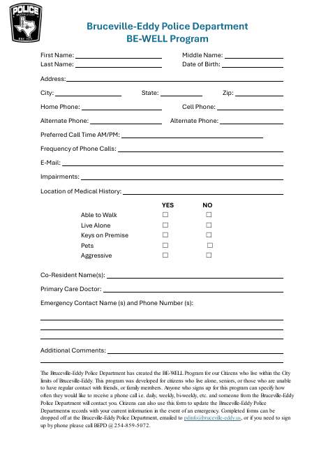 First page of the BE-WELL Program Request Form