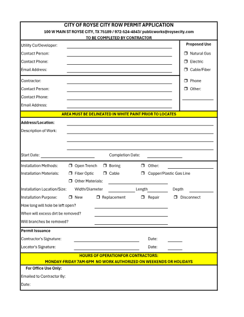 First page of the Right-of-Way Permit Application