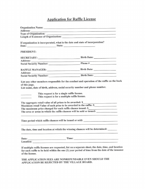 First page of the Raffle License Application