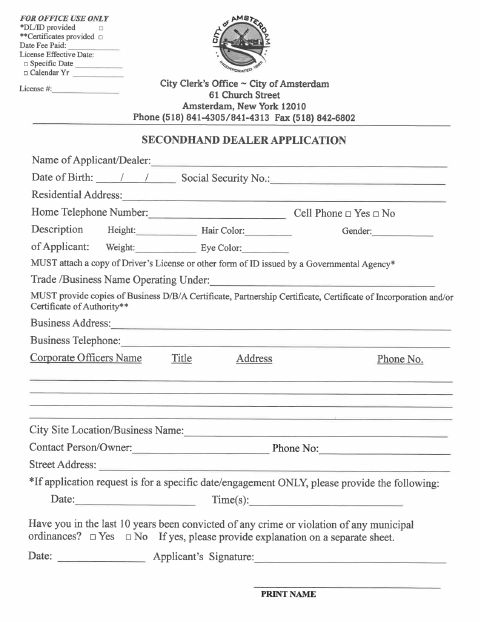 First page of the Secondhand Dealer Application Packet