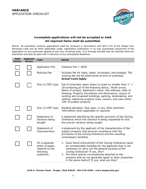First page of the Variance Application Checklist and Affidavit