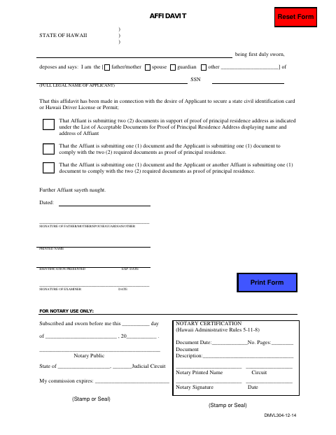 First page of the Principal Residence Proof Affidavit
