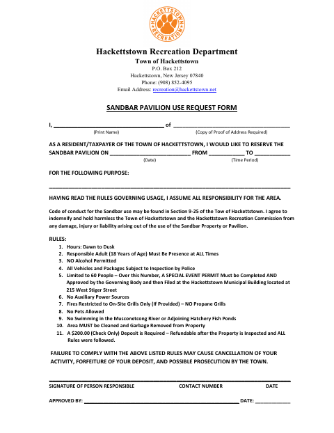 First page of the Sandbar Pavilion Use Request Form
