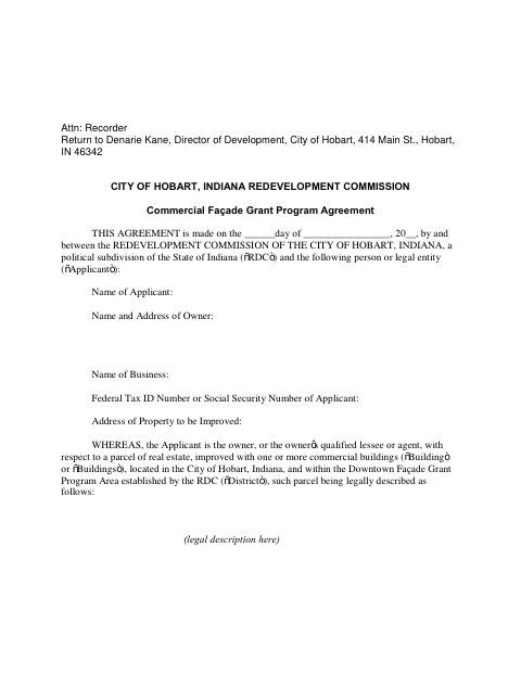First page of the Commercial Façade Grant Program Agreement