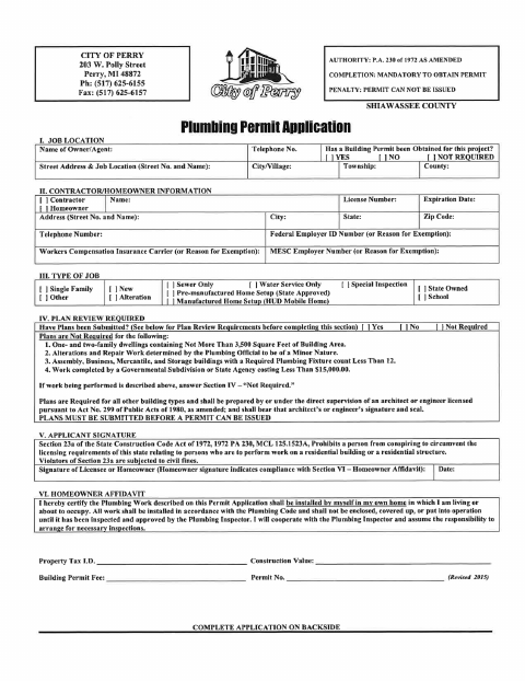 First page of the Plumbing Permit Application