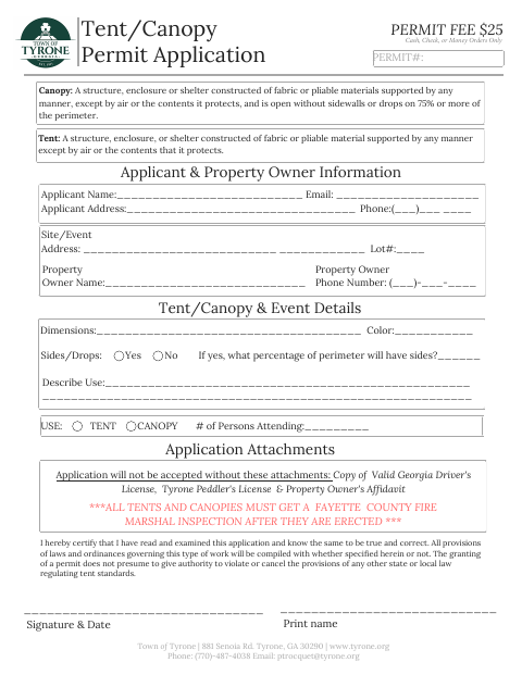 First page of the Tent/Canopy Permit Application