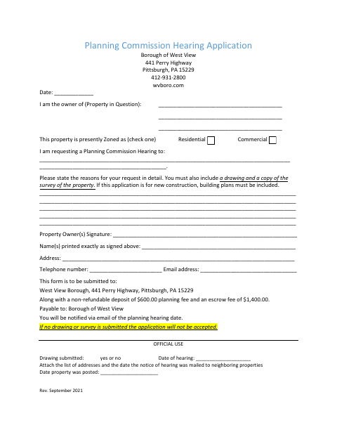 First page of the Planning Commission Hearing Application