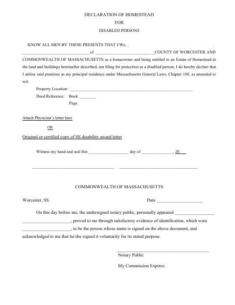 First page of the Declaration Of Homestead For Disabled Persons